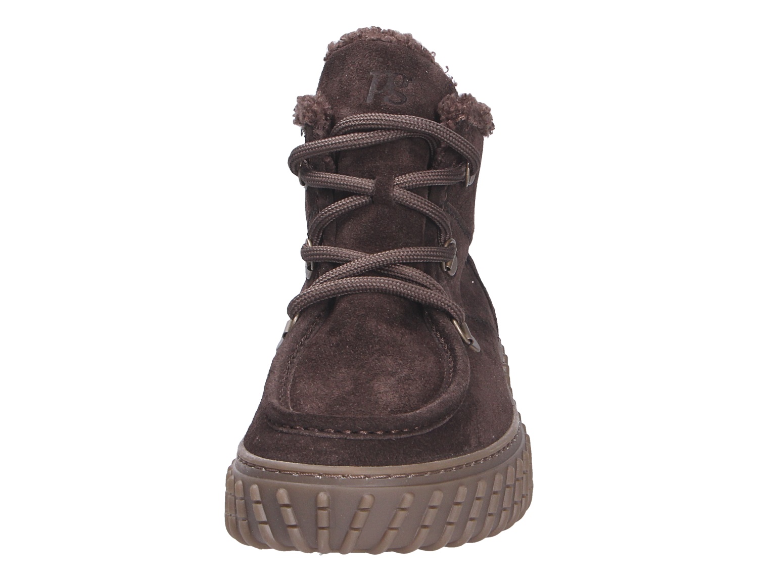 Frontansicht der Paul Green Damen Stiefel: brauner Veloursleder-Stiefel mit Schnürung, weichem Schaftrand und robuster Profilsohle.