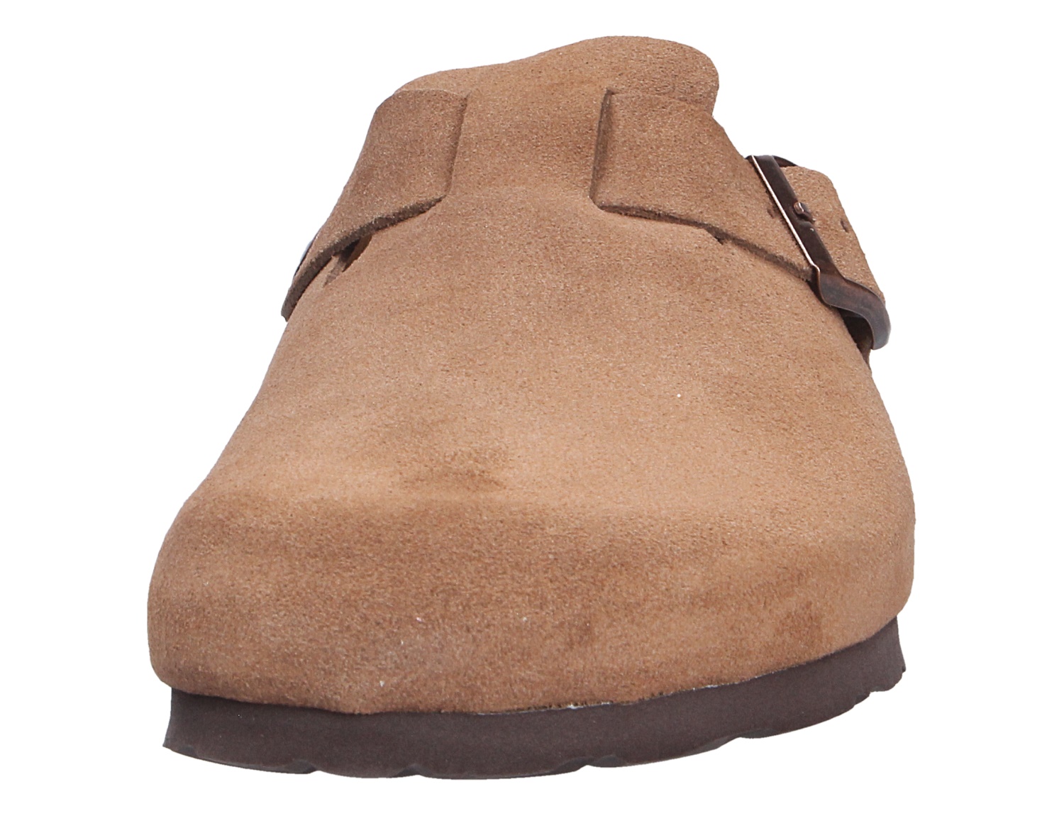 Frontansicht des Rohde GRADO Clogs aus braunem Veloursleder mit verstellbarer Schnalle und dunkler Sohle