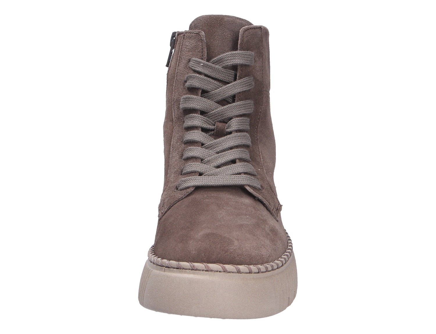 Frontansicht der Gabor Damen Stiefel in Taupe aus Veloursleder mit breiter Sohle, Schnürung und seitlichem Reißverschluss