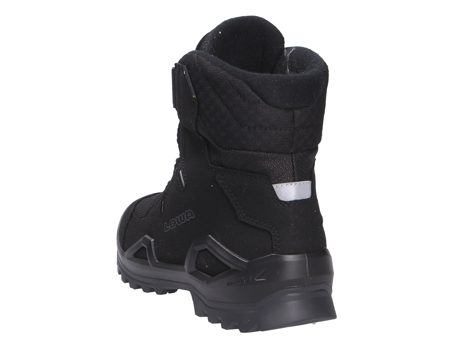 Rückansicht des Lowa MILO EVO GTX HI BOA JR Kinder-Winterstiefels in Schwarz mit hohem Schaft und robuster Sohle