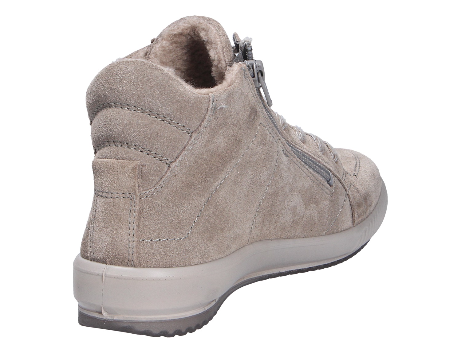 Rückansicht des Legero TANARO 5.0 Damen-Sneakers in Beige aus Veloursleder mit seitlichem Reißverschluss und warmem Futter