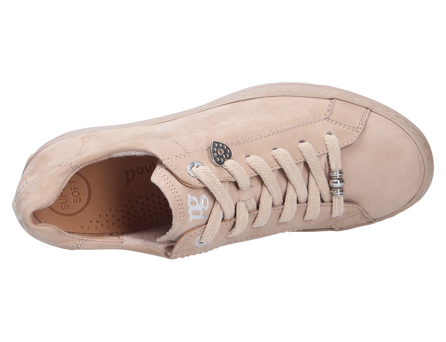 Paul Green Damen Sneaker in Beige aus Leder, Draufsicht mit breiten Schnürsenkeln und dekorativen Metalldetails