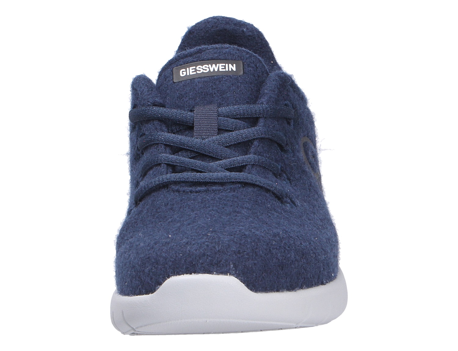 Frontansicht des Giesswein MERINO RUNNERS WOMEN Damen-Sneakers aus Merinowolle in Dunkelblau mit Schnürung und weißer Sohle