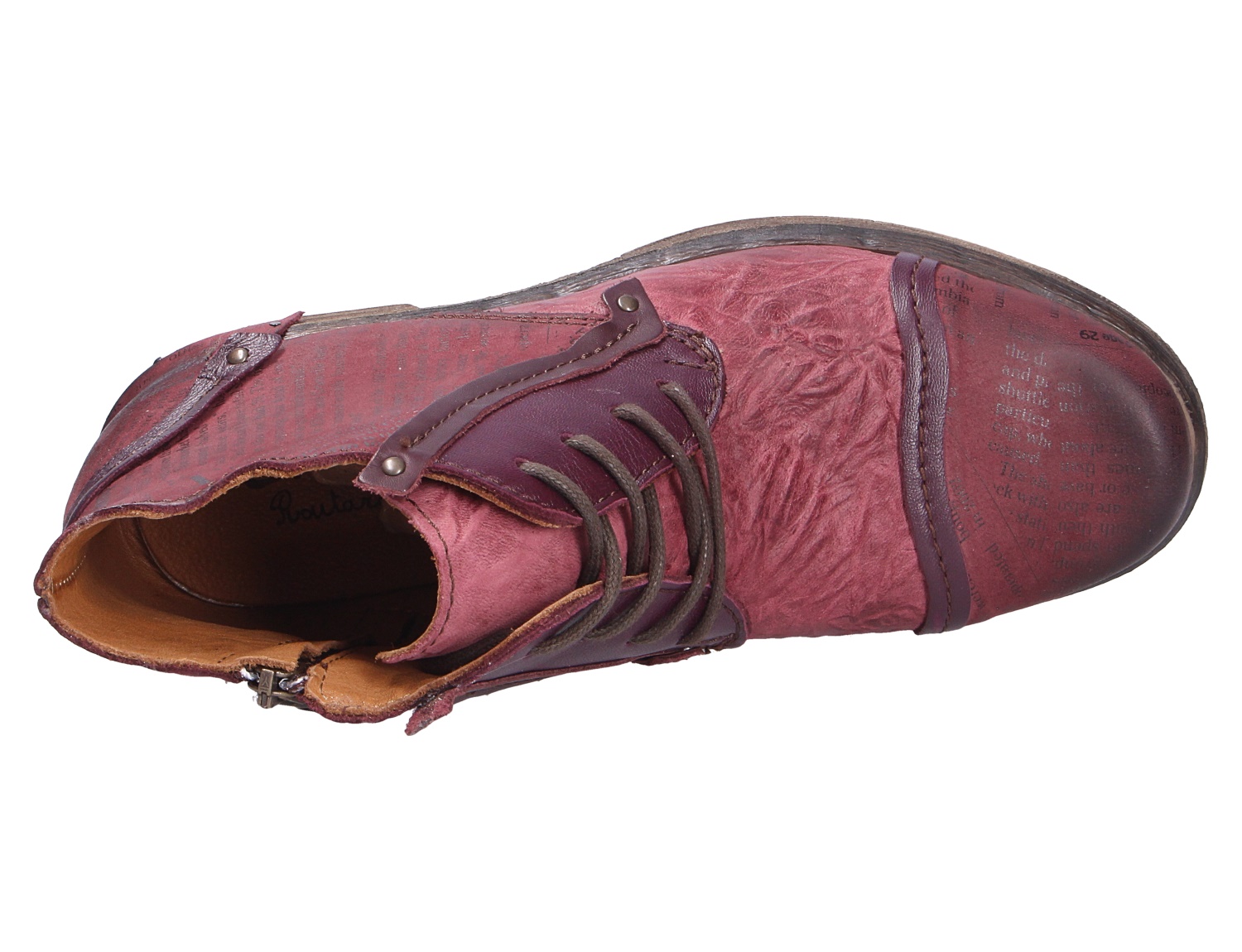 Charme ETNIC Damen-Stiefelette in Bordeaux aus Leder mit strukturierter Oberfläche, Schnürung, seitlichem Reißverschluss und bedruckter Schuhspitze, Ansicht von oben