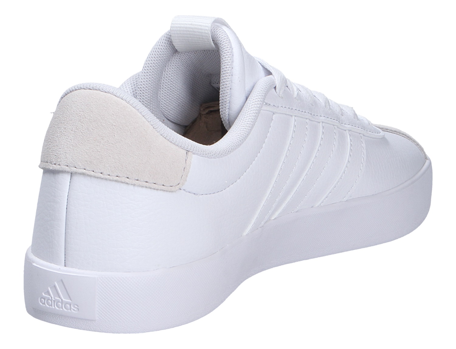 Adidas VL COURT 3.0 Sneaker in Weiß mit klassischer Gummisohle, 3-Streifen-Design sowie Fersenansicht aus seitlicher Perspektive