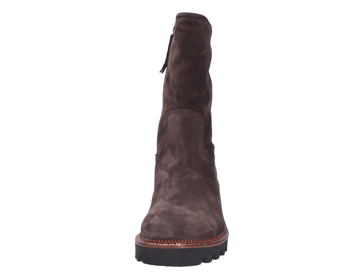 Paul Green Damen Stiefel aus dunkelbraunem Veloursleder mit markanter Profilsohle in Frontansicht