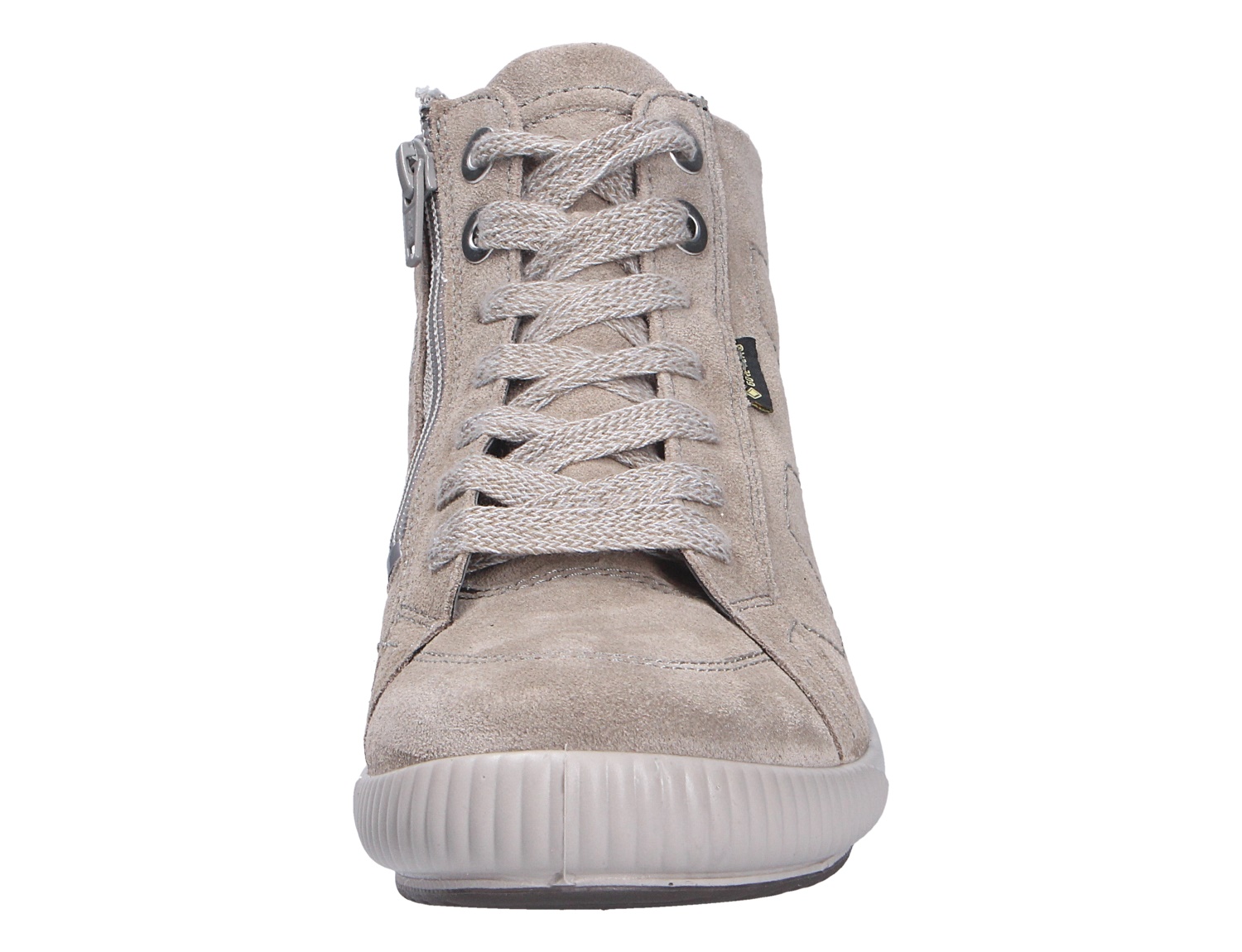 Frontansicht des Legero TANARO 5.0 Sneakers in Beige aus Veloursleder mit Schnürung, seitlichem Reißverschluss und heller Sohle