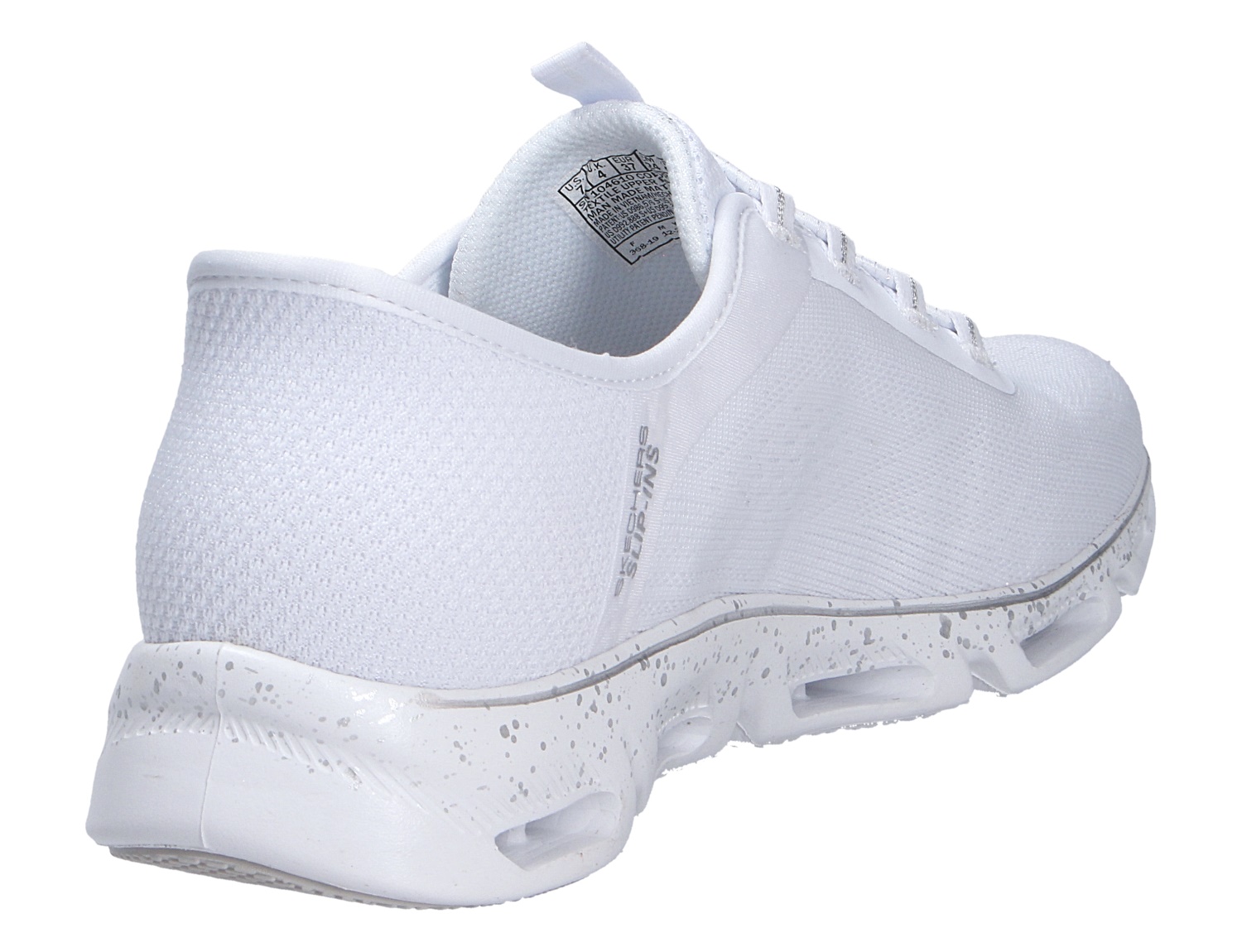 Skechers Glide Step weißer Sneaker mit atmungsaktivem Mesh-Obermaterial und markanter Dämpfungssohle in Rück- und Seitenansicht