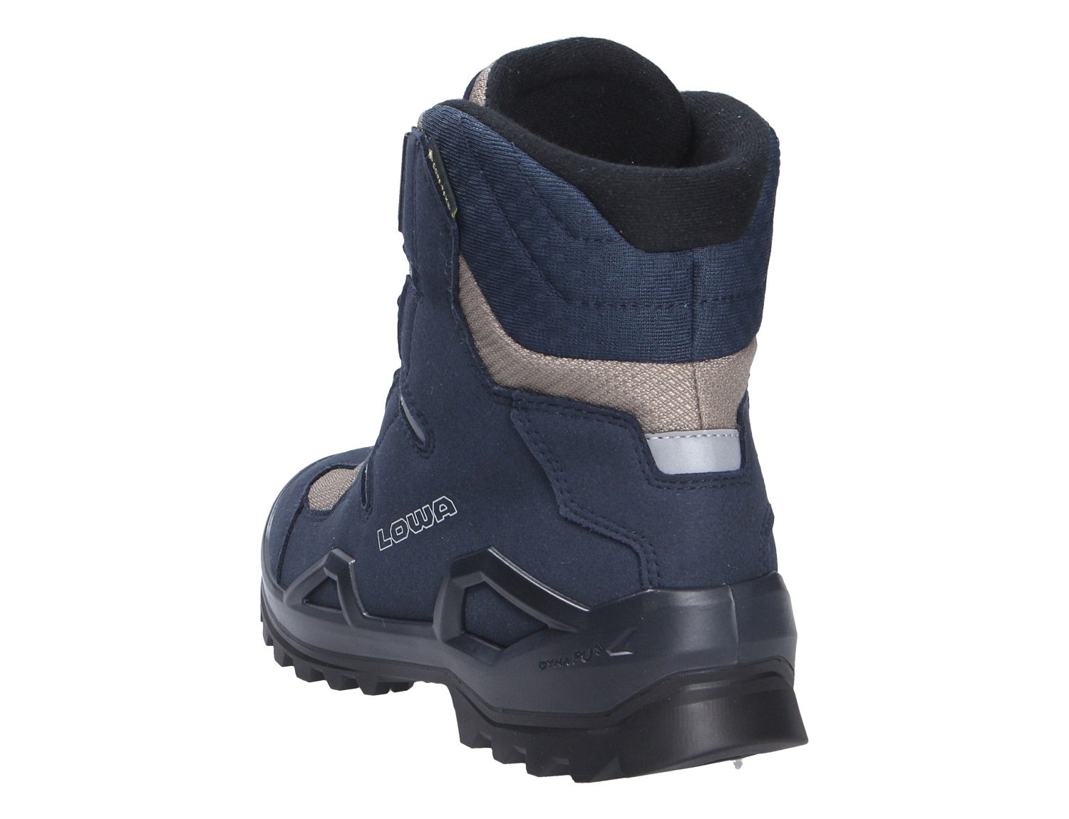 Rückansicht des Lowa MILO EVO GTX HI BOA JR Kinder-Winterboots in Dunkelblau mit hohem Schaft und robuster Profilsohle