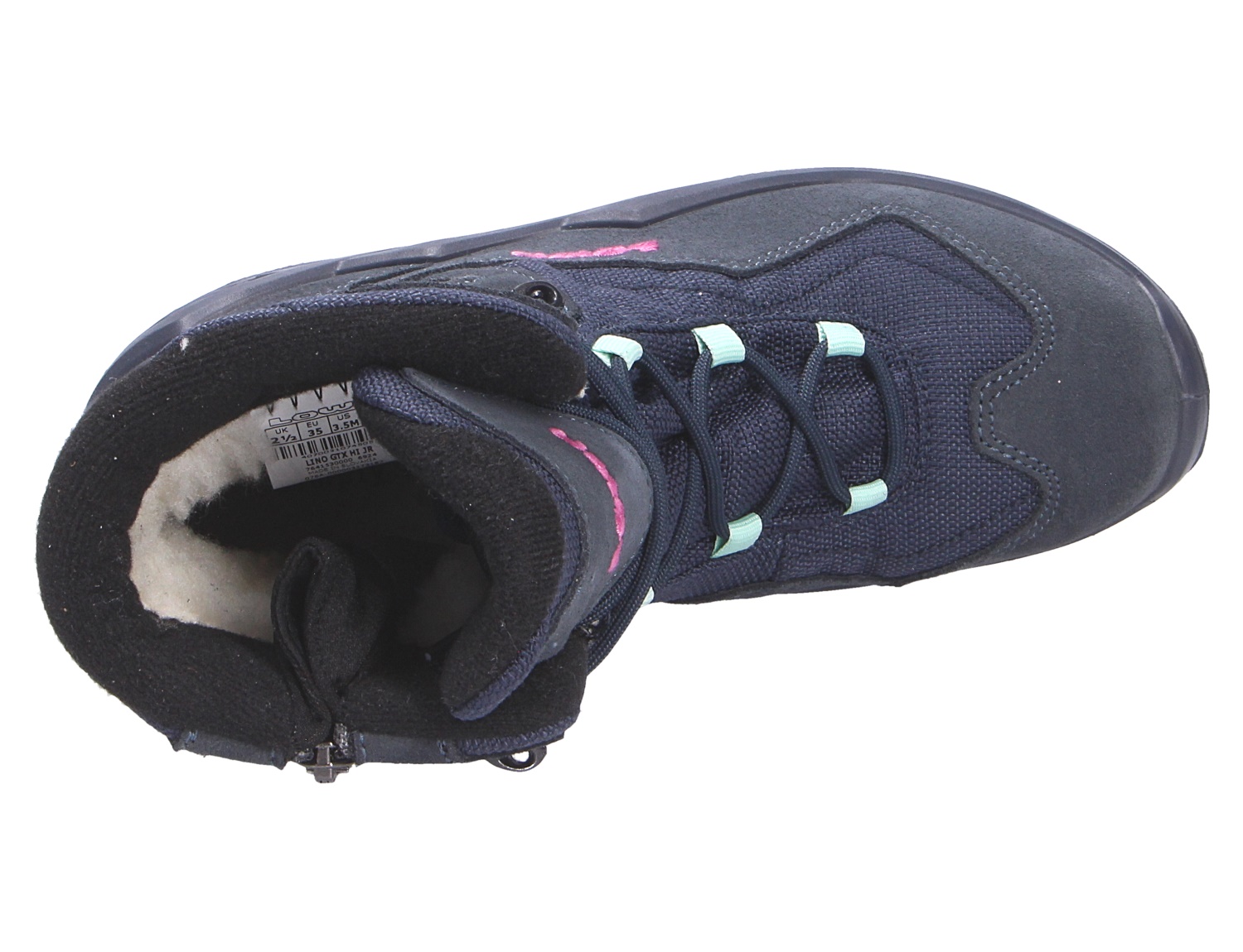 Lowa LINO GTX HI JR Kinder-Winterstiefel in Dunkelblau mit hohem Schaft, Schnürung, Reißverschluss und warmem Innenfutter in der Draufsicht