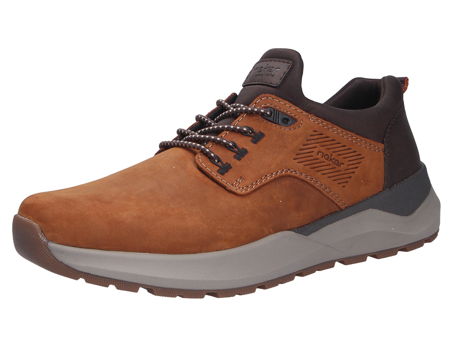Rieker Herren Sneaker, brauner Freizeitschuh mit Schnürung, dunklen Details und robuster grauer Sohle in seitlicher Ansicht