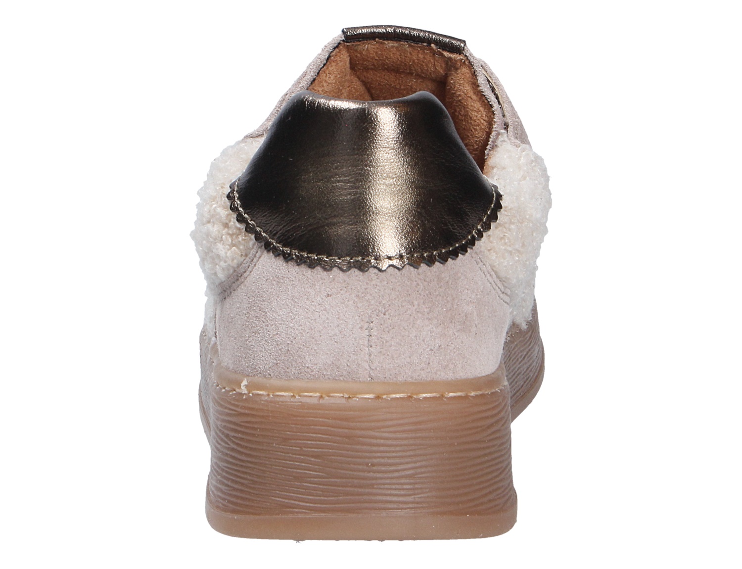 Rückansicht des Gabor Damen Sneakers aus hellem Veloursleder mit weichem Futter, Metallic-Fersenkappe und brauner Sohle