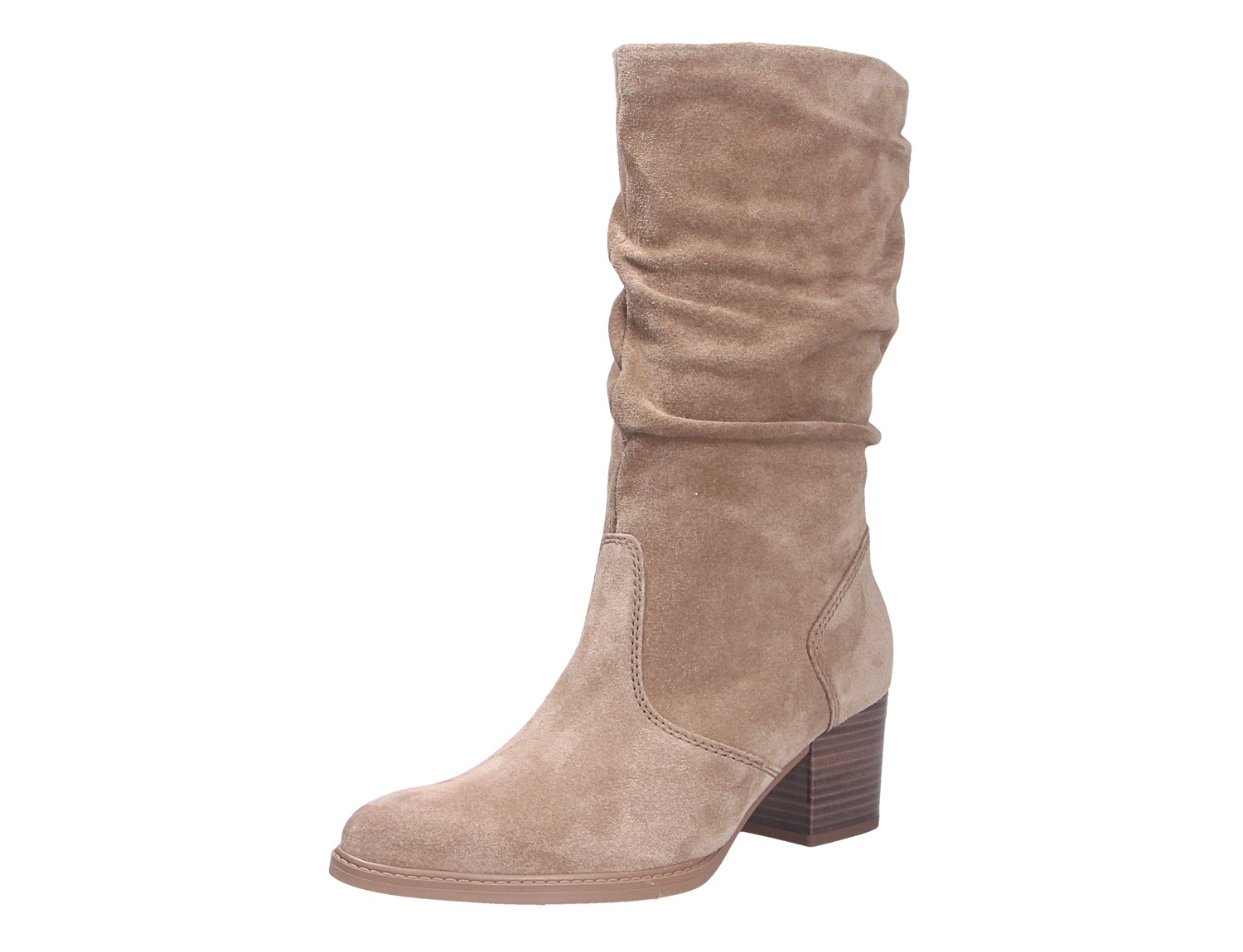 Gabor Damen Stiefel in Taupe aus Veloursleder, kniehoch mit gerafftem Schaft und Blockabsatz
