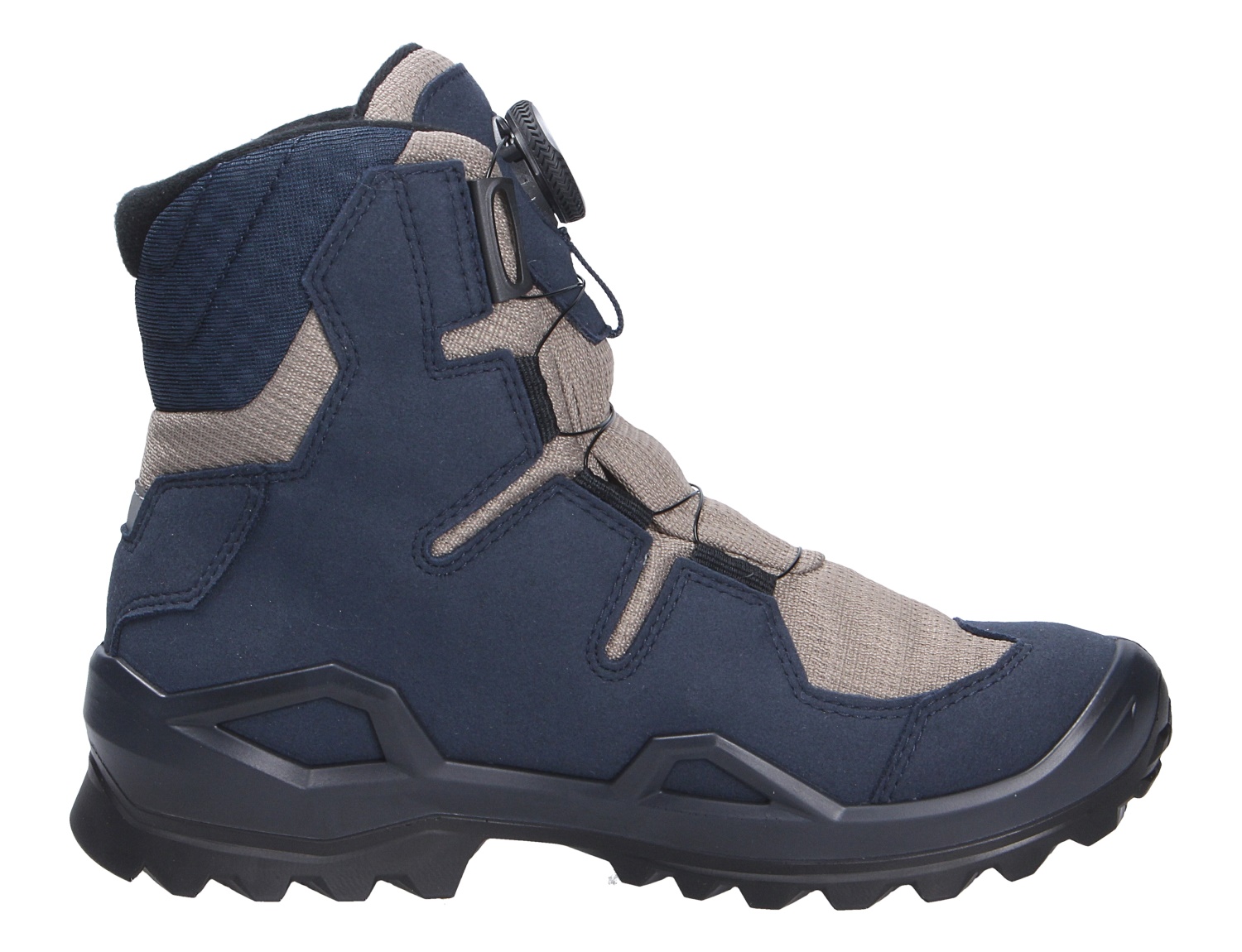 Seitenansicht des Lowa MILO EVO GTX HI BOA JR Kinder-Winterstiefels in Blau und Grau mit hohem Schaft, BOA-Verschluss und griffiger Sohle