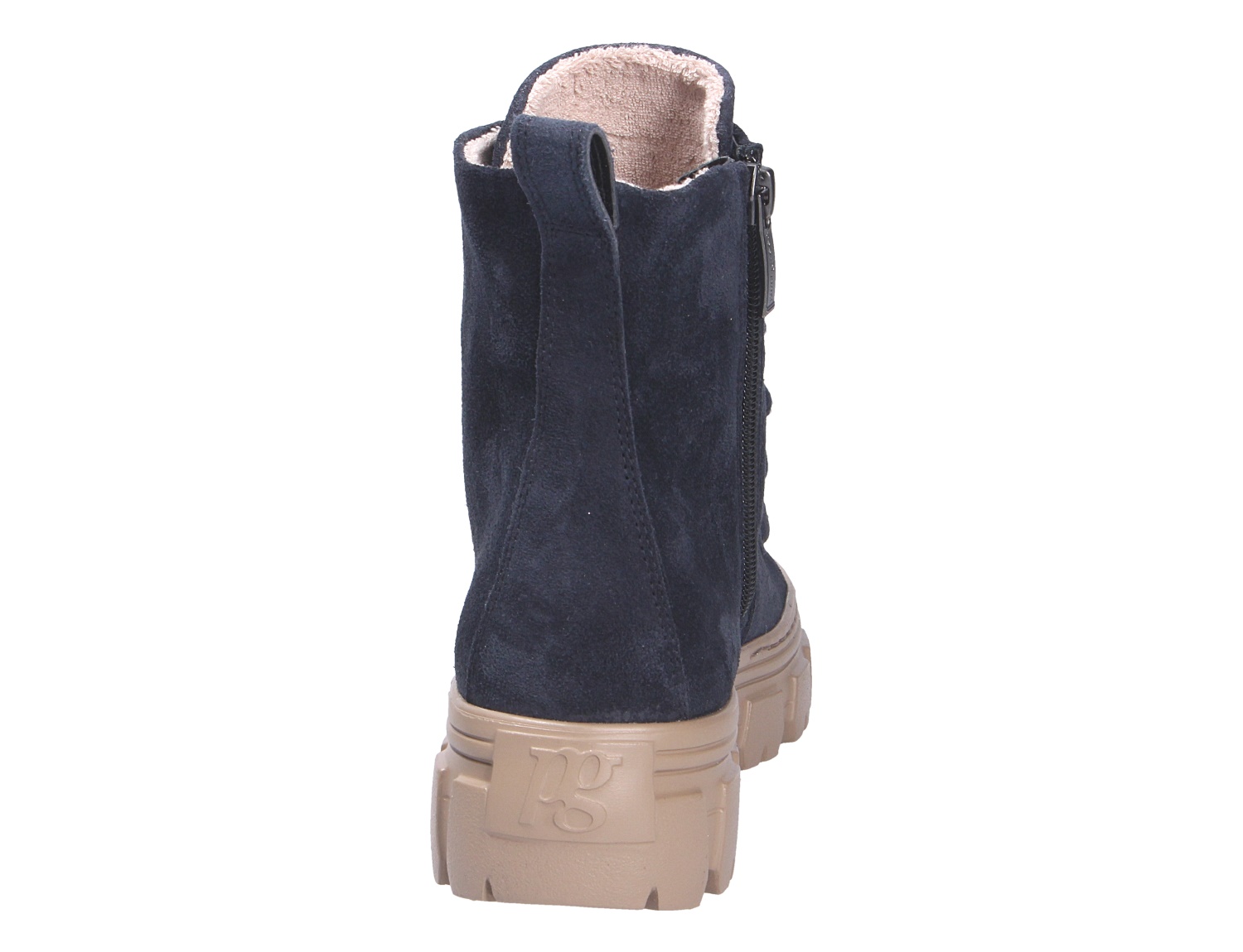Rückansicht der Paul Green Damen Schnürschuhe aus navy Veloursleder mit seitlichem Reißverschluss, warmem Innenfutter und markanter Profilsohle