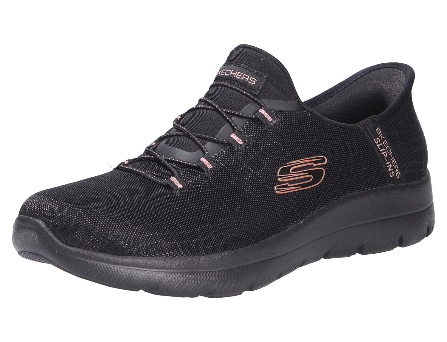 Skechers Summits Slip-Ins Sneaker in Schwarz, leichter Damen-Slipper mit Mesh-Obermaterial, elastischer Schnürung und rosegoldenen Logo-Details