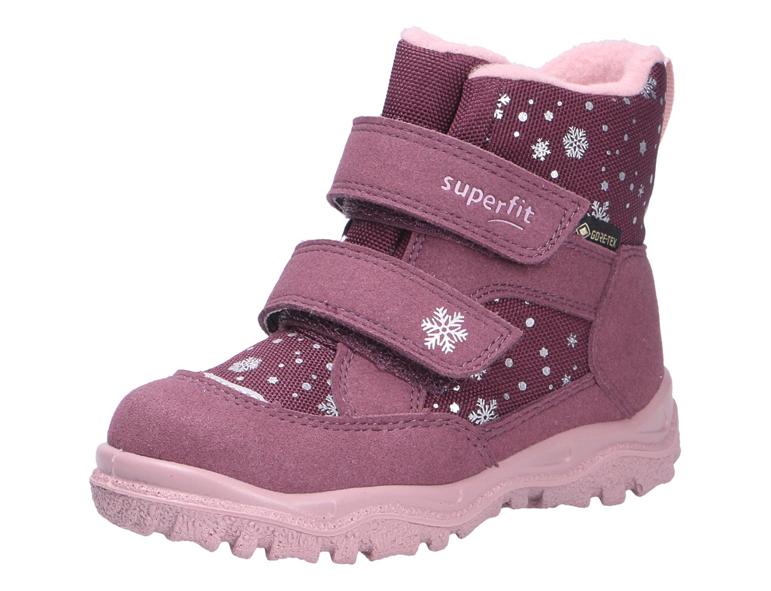 Superfit HUSKY1 Kinder-Winterstiefel in Lila-Rosa mit zwei Klettverschlüssen, Schneeflockenmuster, GORE-TEX und warmem Innenfutter
