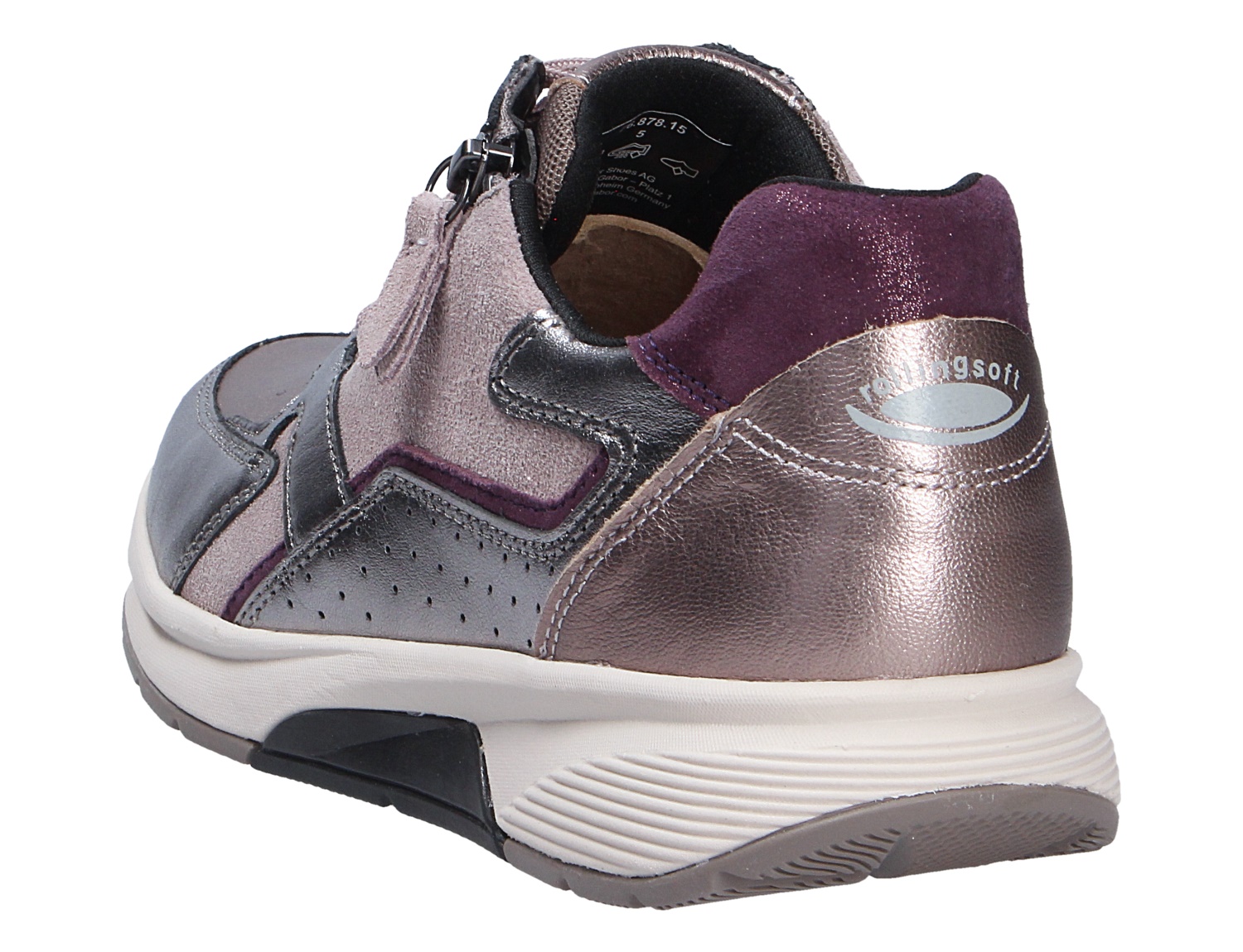 Rückansicht der Gabor Damen Schnürschuhe in Grau-Metallic und Dunkelblau mit Reißverschluss und heller Laufsohle