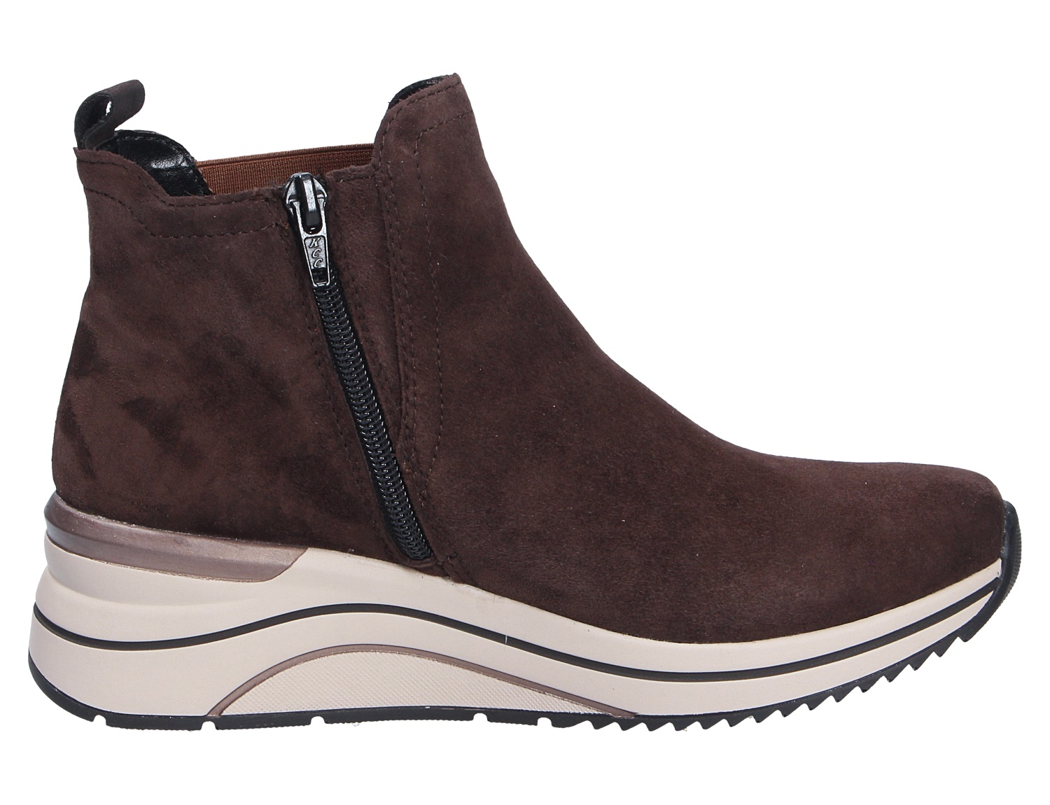 Remonte Damen Stiefel in Dunkelbraun aus Veloursleder-Optik, seitlich mit Reißverschluss und heller Keilsohle