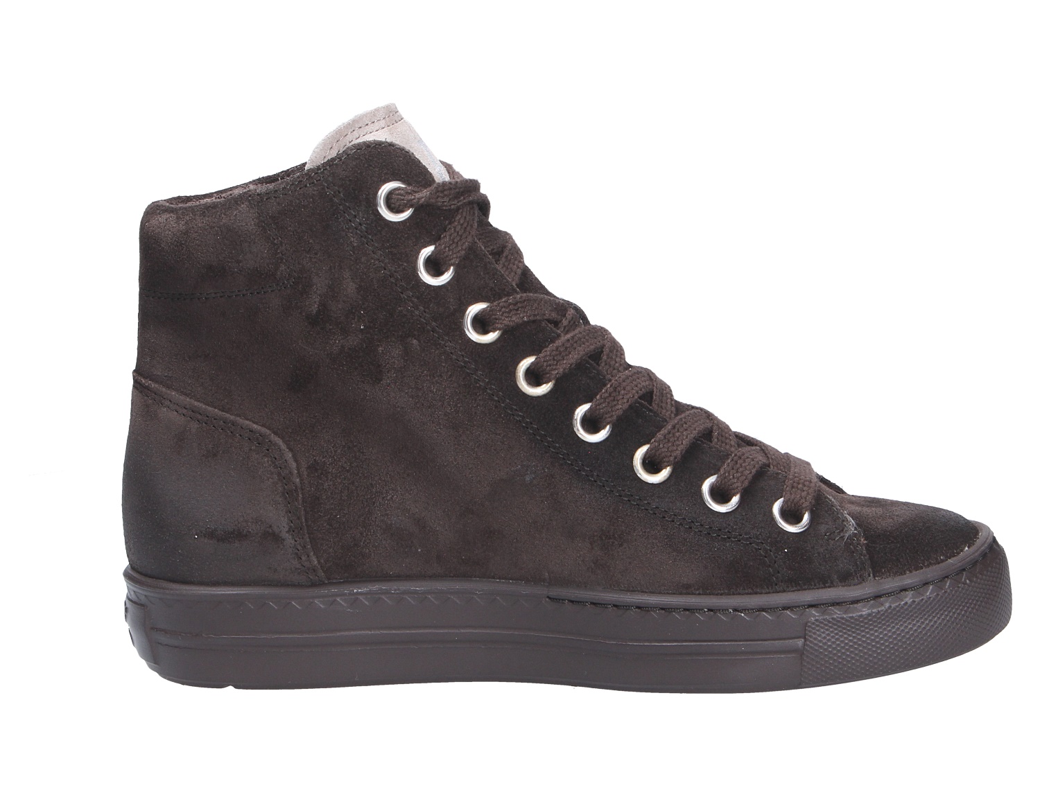 Paul Green Damen Sneaker als High-Top in Schwarz aus Veloursleder mit Schnürung und flacher Sohle, seitliche Produktansicht