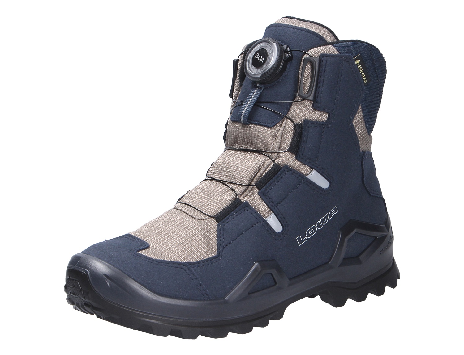 Lowa MILO EVO GTX HI BOA JR Kinder-Winterstiefel in Blau-Beige, hoher Outdoorschuh mit BOA-Verschluss, GORE-TEX und griffiger Sohle