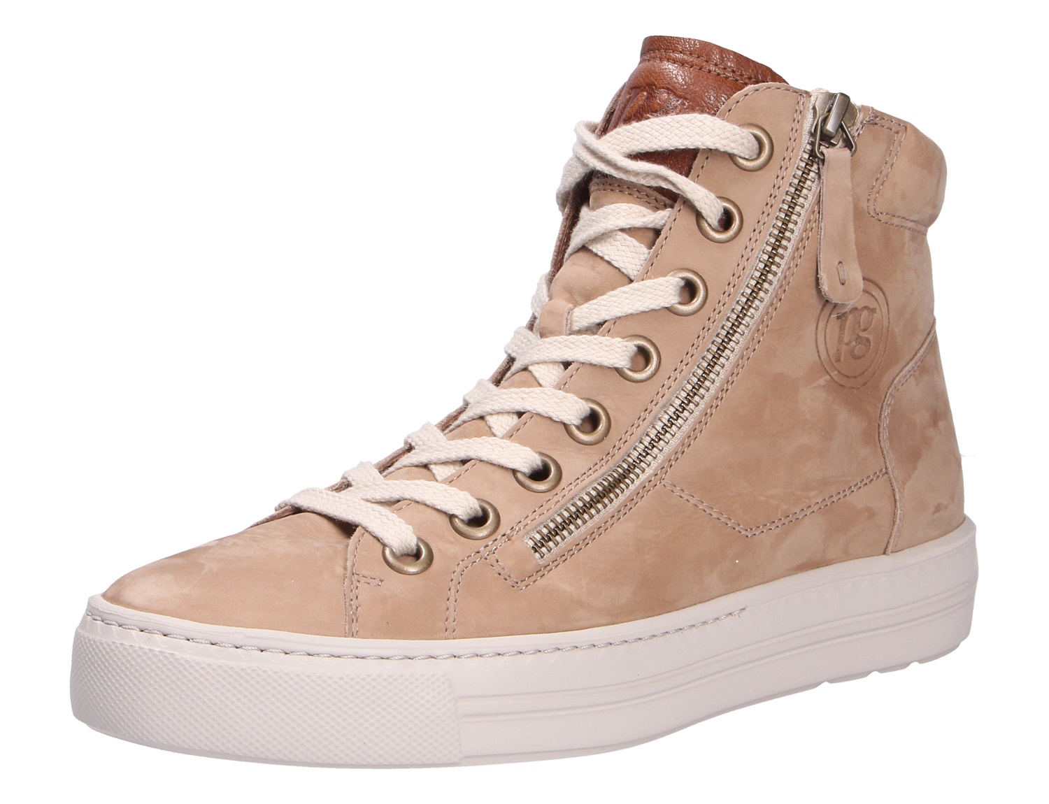 Paul Green Damen Sneaker aus beigem Nubukleder, hoher Freizeitschuh mit Schnürung, seitlichem Reißverschluss und heller Plateausohle