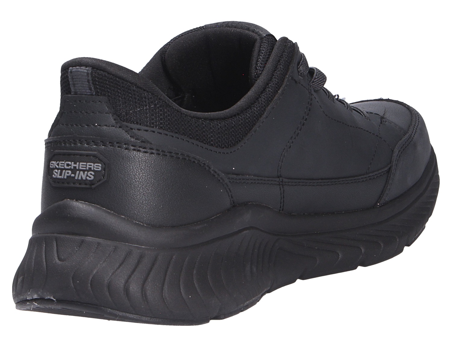 Skechers Arch Fit schwarzer Sneaker mit Slip-Ins-Technologie, gepolstertem Schaft und profilierter Sohle in Rück- und Seitenansicht
