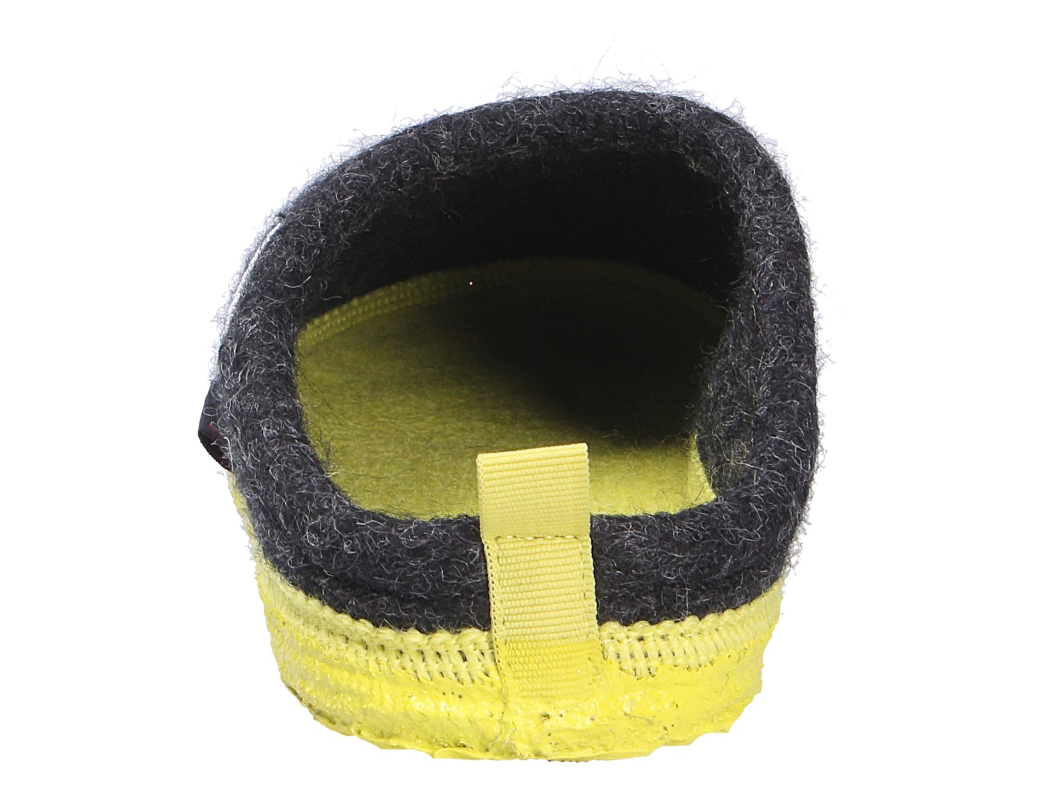 Rückansicht des Giesswein WOOLPOPS Hausschuhs in Gelb und Anthrazit mit weichem Wollrand und Zuglasche an der Ferse