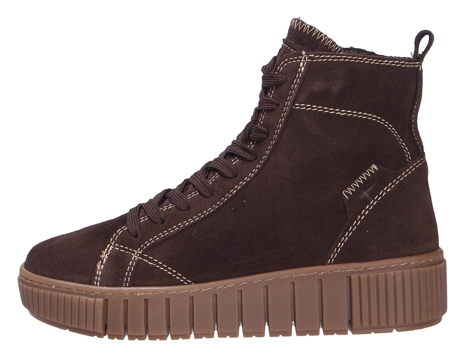 Tamaris Damen Stiefel aus dunkelbraunem Veloursleder, seitliche Produktansicht mit Schnürung, Kontrastnähten und robuster Plateau-Profilsohle
