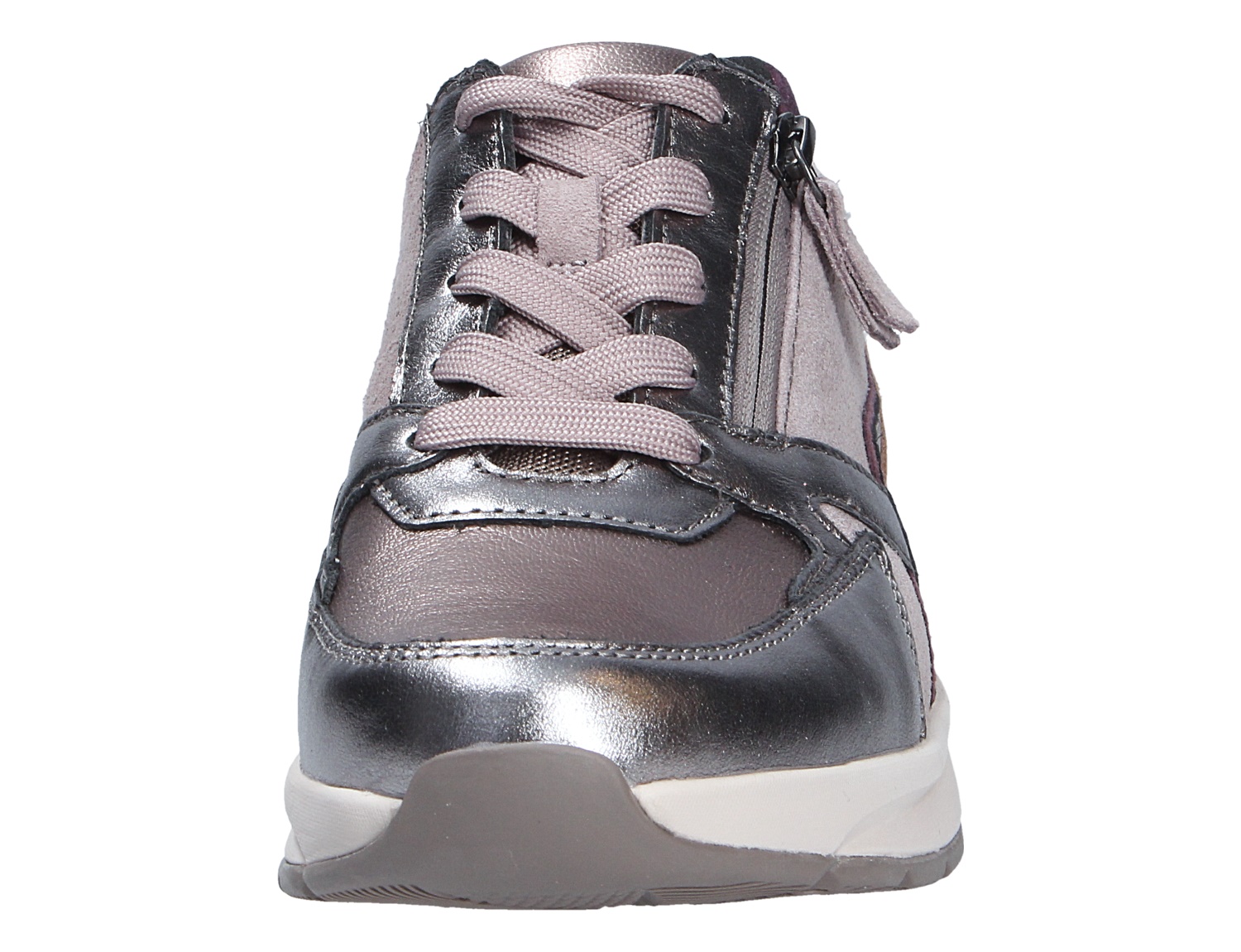 Vorderansicht der Gabor Damen Schnürschuhe in Grau-Metallic mit breiten Schnürsenkeln, seitlichem Reißverschluss und heller Sohle