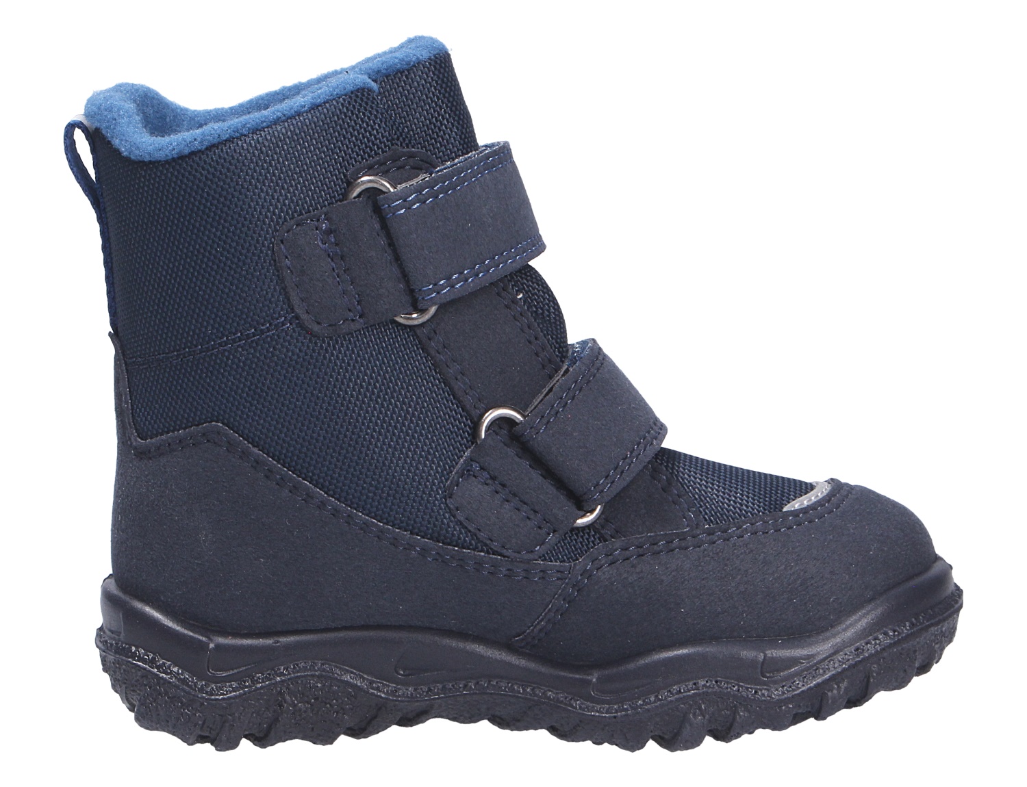 Seitliche Ansicht des Superfit HUSKY1 Kinder-Winterstiefels in Dunkelblau mit zwei Klettverschlüssen und profilierter Sohle