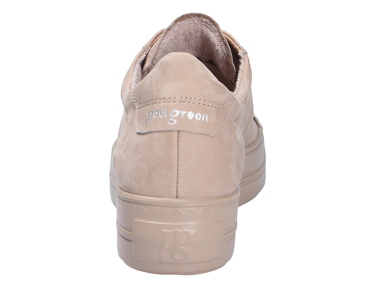 Rückansicht eines beigen Paul Green Damen Sneakers mit Logostickerei an der Ferse und tonal gehaltener Sohle
