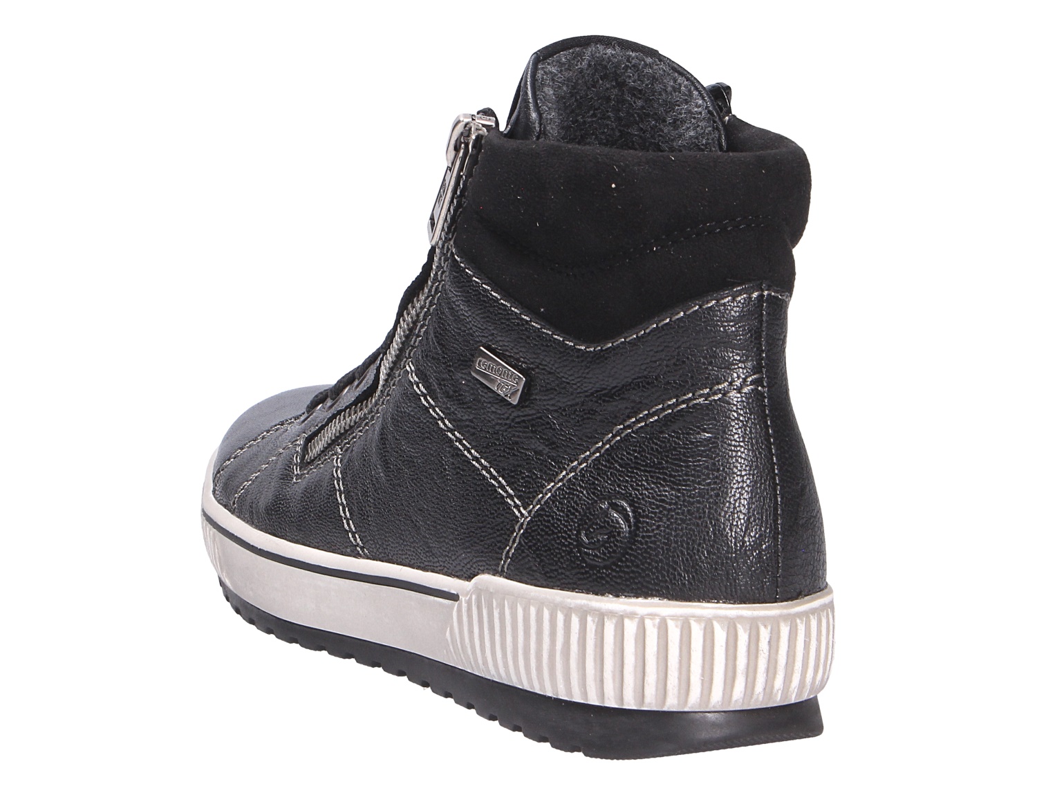 Remonte Damen Stiefel in Schwarz, sportlicher Kurzstiefel aus Lederoptik mit Reißverschluss, Ziernähten und heller Profilsohle, Rückansicht