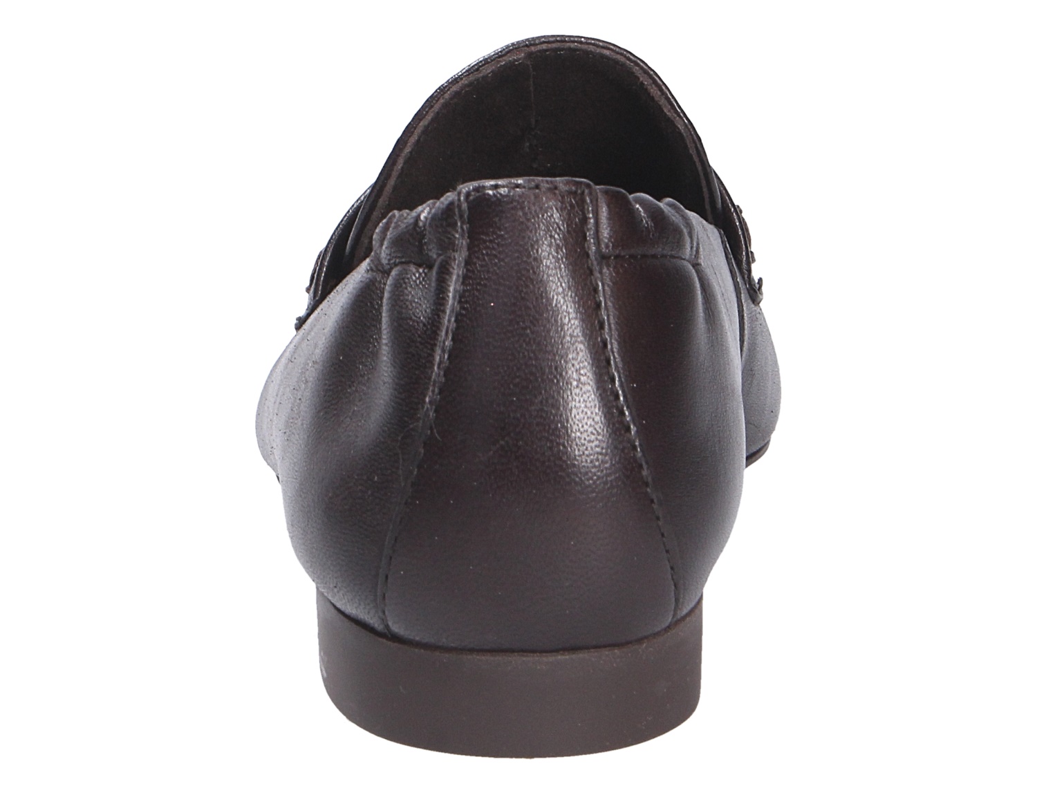 Rückansicht eines schwarzen Paul Green Damen Slippers aus Leder mit flacher Sohle und elastischem Schaftrand