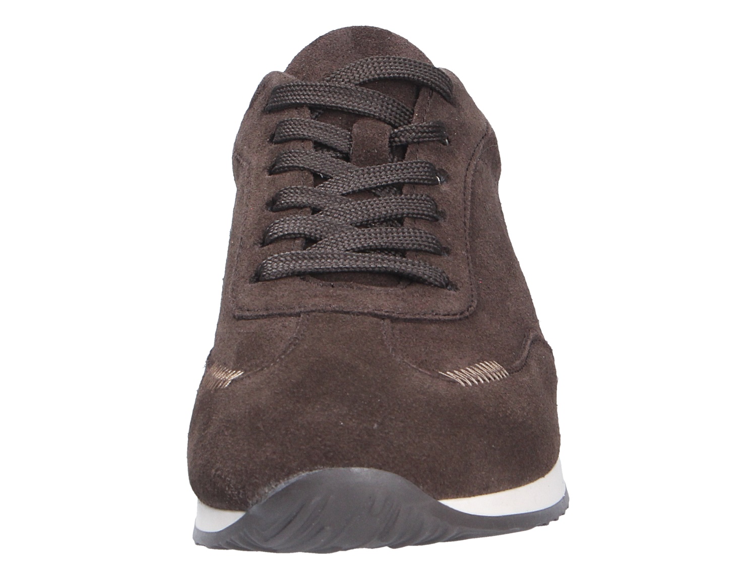 Frontansicht eines braunen Gabor Damen Sneakers aus Veloursleder mit Schnürung und heller Laufsohle