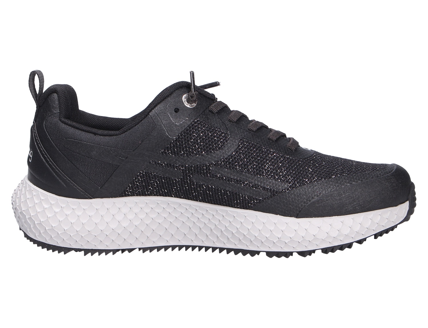 tenhaag Damen Sneaker, schwarzer Freizeitschuh mit Schnürung, Mesh-Obermaterial und weißer strukturierter Profilsohle in Seitenansicht