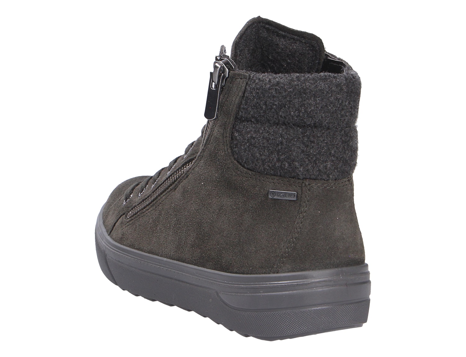 Rückansicht der schwarzen Legero Milena Damen-Stiefelette aus Veloursleder mit Reißverschluss, hohem Schaft und GORE-TEX Detail