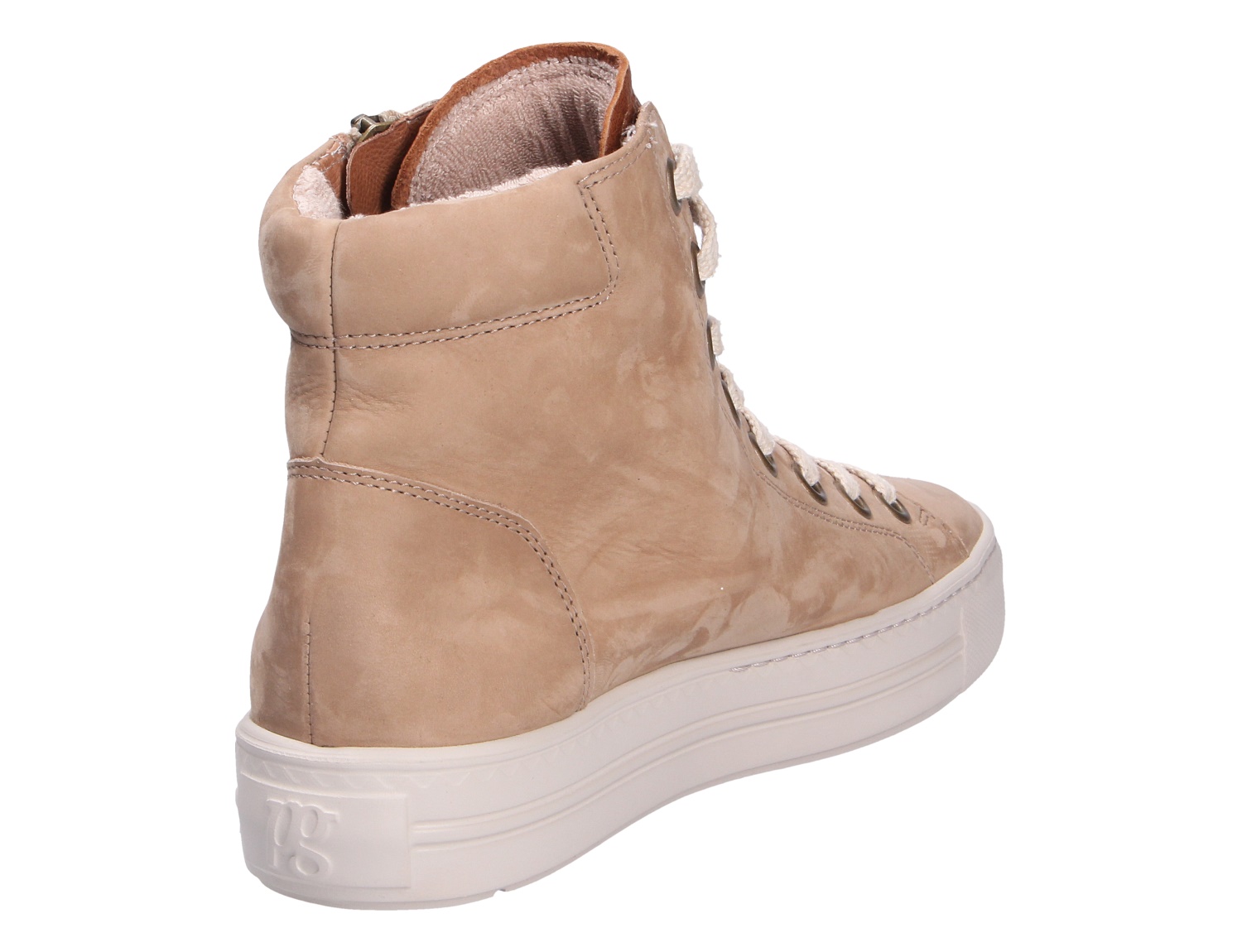 Paul Green Damen Sneaker in Beige aus weichem Nubukleder, High-Top-Ansicht von hinten mit Reißverschluss, Schnürung und heller Plateausohle