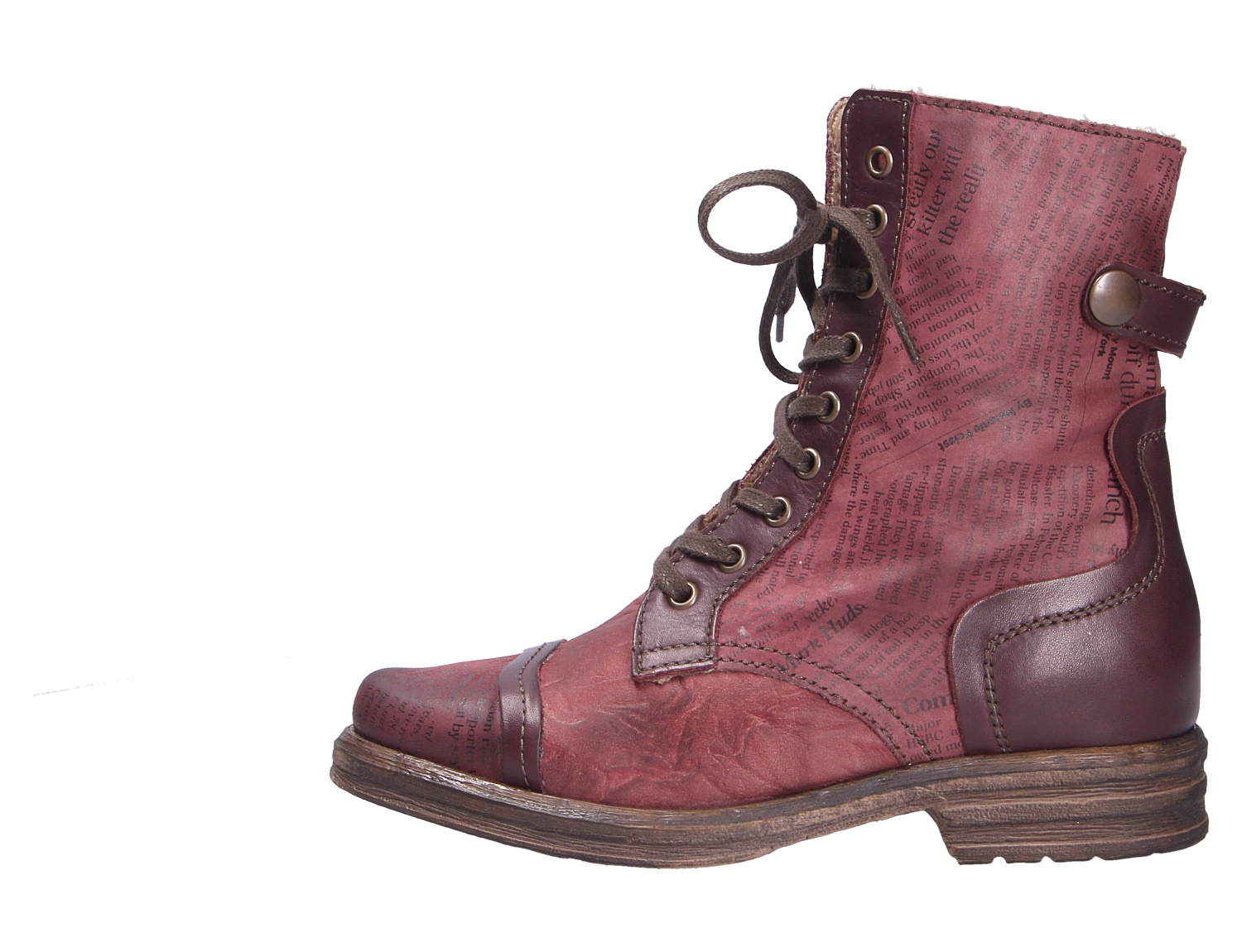 Charme Etnic 26 Damen Stiefelette in Bordeaux, seitliche Ansicht, Schnürboot mit Vintage-Print, Zierschnalle und robuster Sohle