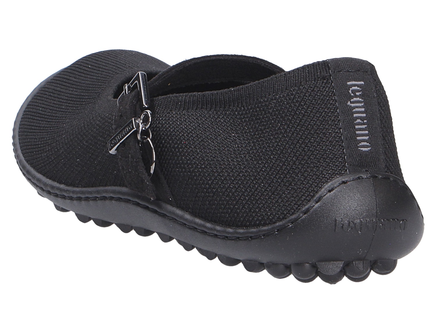 Leguano Lady Love Damen-Barfußschuh in Schwarz mit flexiblem Strickobermaterial, dekorativer Schnalle und profilierter Sohle