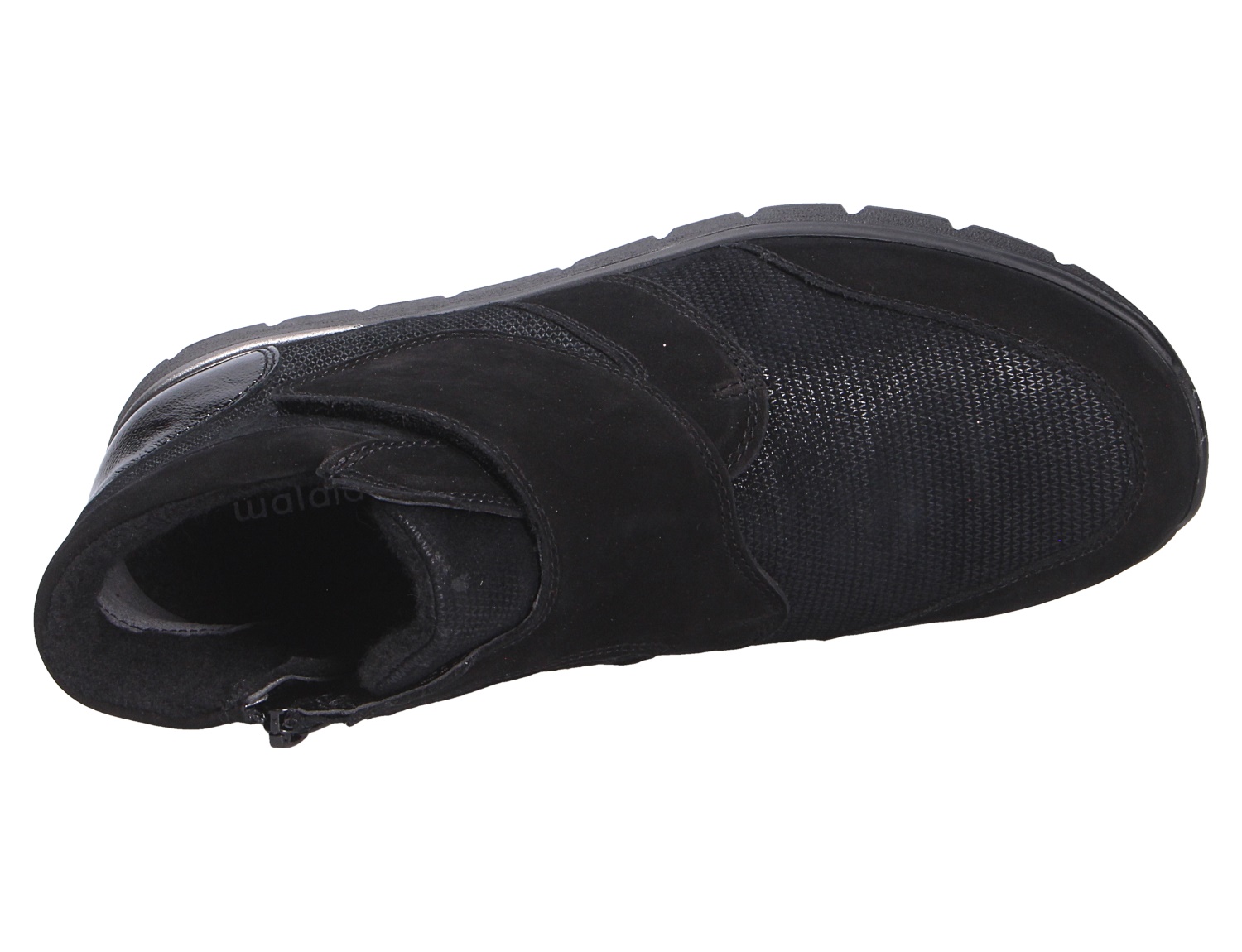 Waldläufer K-Ramona schwarzer Damen-Sneaker aus Veloursleder und Textil mit Reißverschluss, Draufsicht