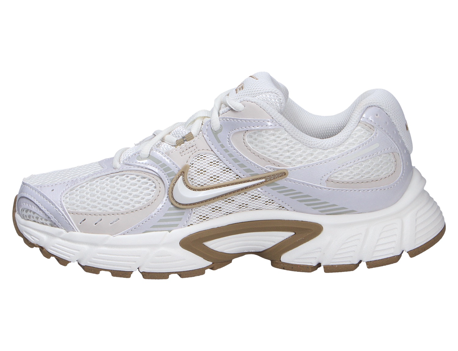 Nike V5 RNR Sneaker in Weiß mit beigen Akzenten, atmungsaktivem Mesh-Obermaterial und markanter Profilsohle in der Seitenansicht
