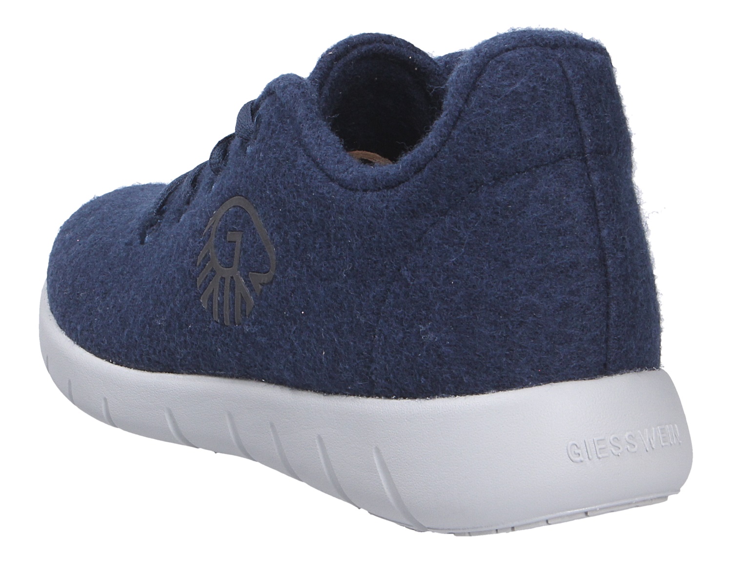 Giesswein MERINO RUNNERS MEN Herren-Sneaker aus Merinowolle in Dunkelblau mit weißer Sohle, seitliche Rückansicht