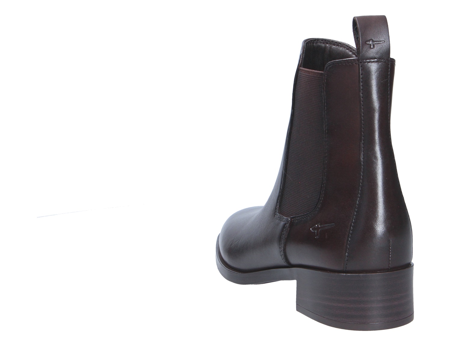 Tamaris Damen Stiefel in Dunkelbraun als Chelsea-Boot mit seitlichem Stretcheinsatz, Zuglasche und Blockabsatz in seitlicher Rückansicht
