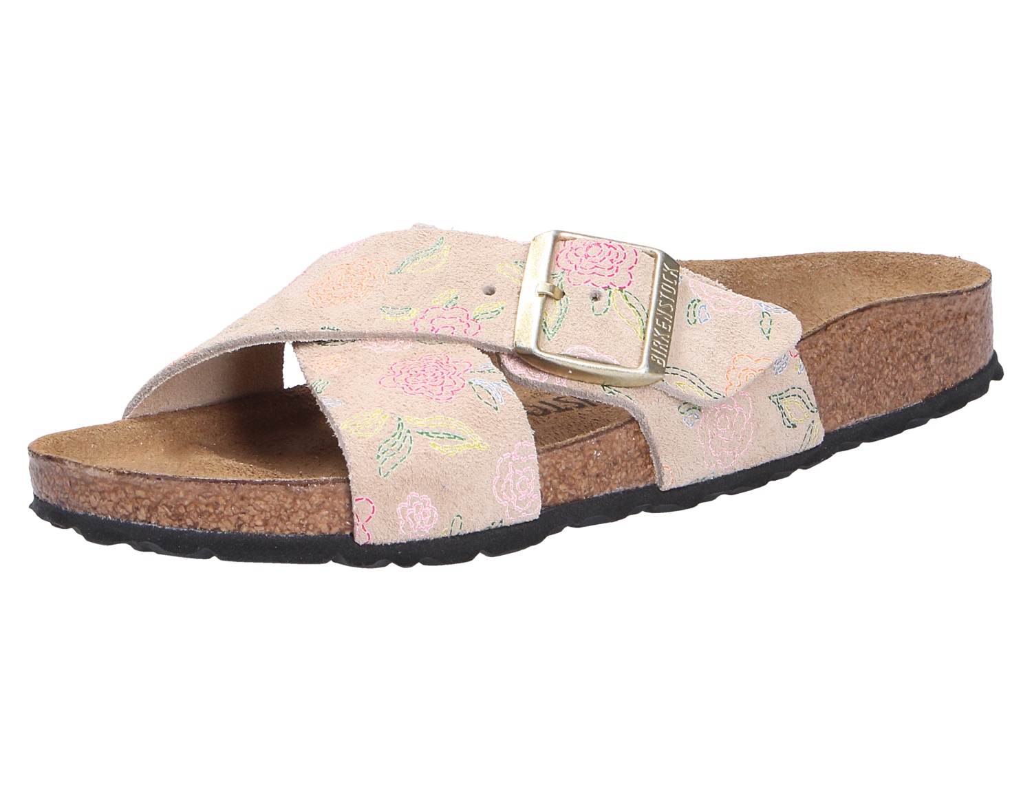 Birkenstock Siena Damen-Pantolette in Rosa mit floralem Muster, breiten Kreuzriemen, großer Metallschnalle und Kork-Latex-Sohle