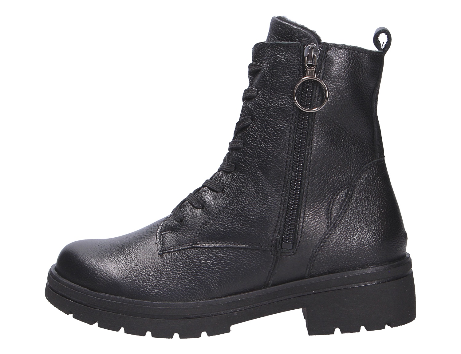 Waldläufer K-Zoe Damen Stiefelette in Schwarz aus Leder, seitliche Ansicht, mit Schnürung, Reißverschluss und profilierter Sohle