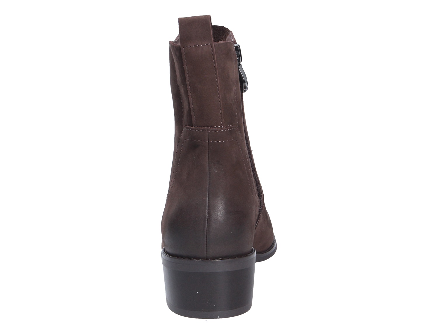 Caprice Damen Stiefel in Braun, Rückansicht eines eleganten Kurzstiefels mit Blockabsatz, Zuglasche und seitlichem Reißverschluss