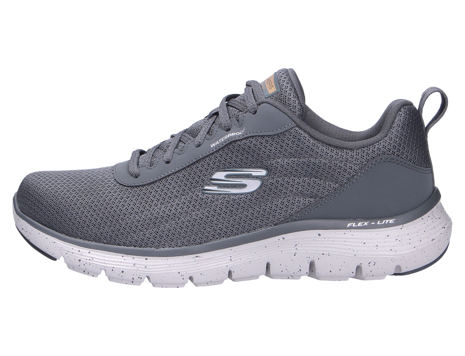 Skechers Fles Advantage grauer Sneaker in Seitenansicht mit atmungsaktivem Mesh-Obermaterial, Schnürung und heller Flex-Lite-Sohle