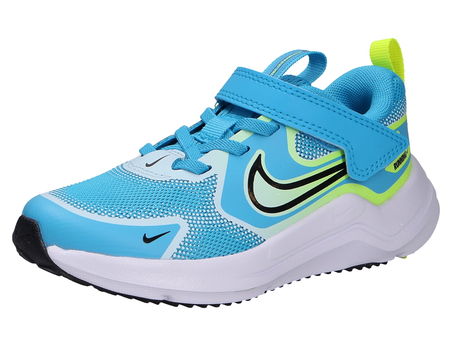 Nike Cosmic Runner Kinder-Sneaker in Hellblau mit Mesh-Obermaterial, Klettverschluss, neonfarbenen Details und weißer Laufsohle