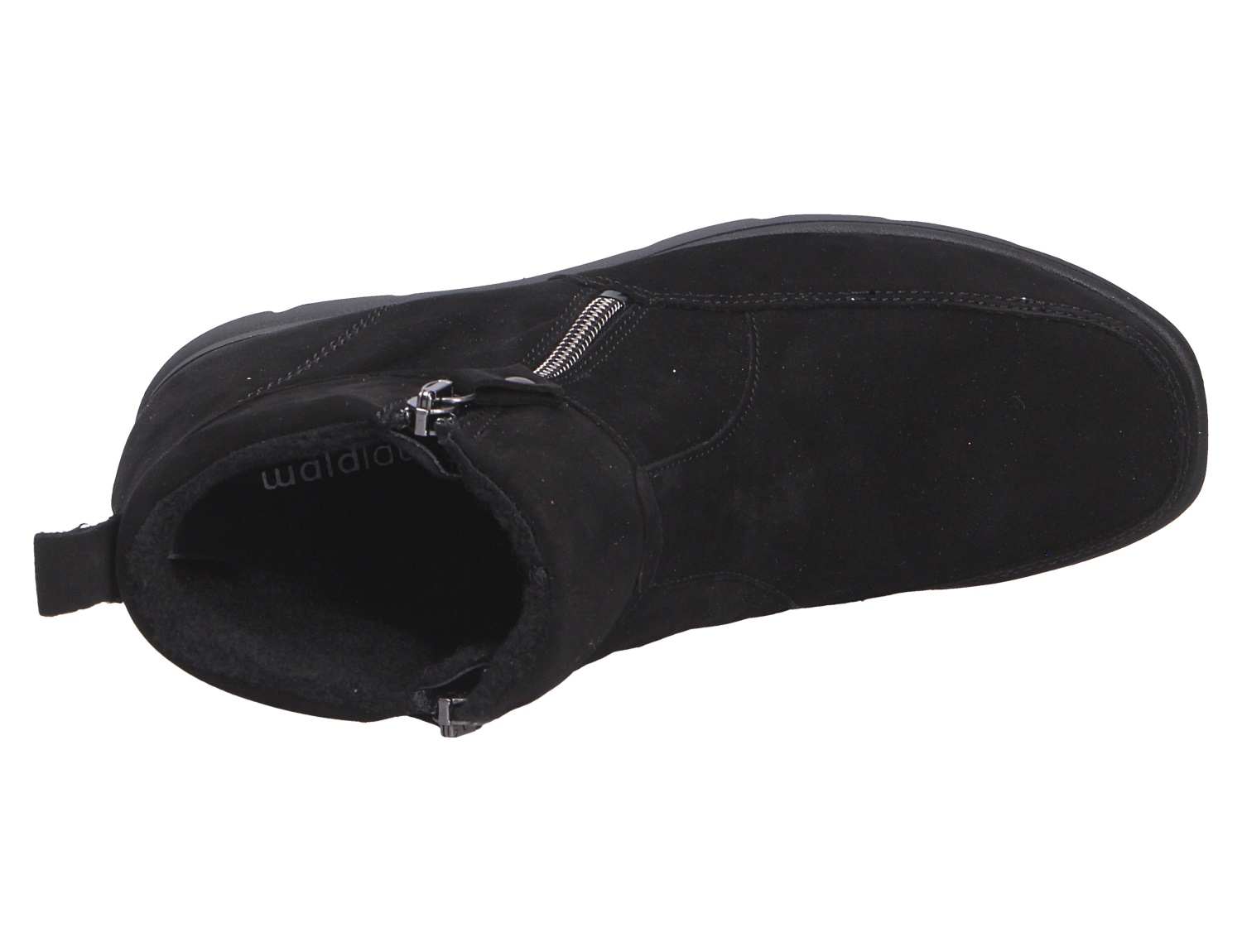 Draufsicht der schwarzen Waldläufer H-Bruni Damen-Stiefelette aus Nubukleder mit seitlichem Reißverschluss und runder Spitze